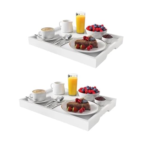 Artmeer Bamboo Breakfast Serving Tray, Portable Serving Platters Tray Great for Dinners Party Tea Bar Table Breakfast Snack Trays 2 Plack (White) Cover
