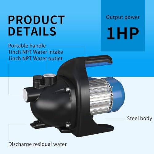 Image of FOTING 1 HP Shallow Well Jet Pump, 865 GPH 115V Portable Water Transfer Booster Pump, 130ft Max Head, Stainless Steel for Home Garden Irrigation Lawn Farm, Blue