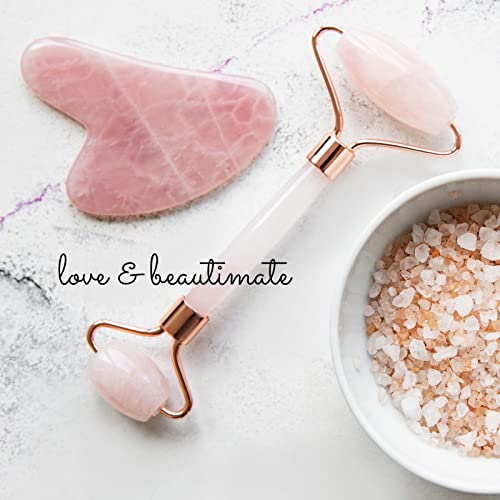 beautimate Kit de rolo de jade rosa de quartzo e conjunto facial Gua Sha para cuidados com a pele do