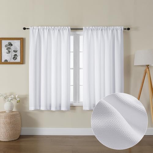 Lecloud Bessie White Curtains 45 Inch Length 2 Panels, Faux Linen Light Filtering Window Curtains Rod Pocket, Farmhouse Small Curtain Drapes for Bedroom Living Room, Each 30 W x 45 L