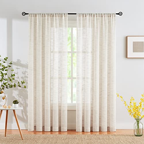 Linen Sheer Curtains for Bedroom 63inch Length Natural Semi Sheer