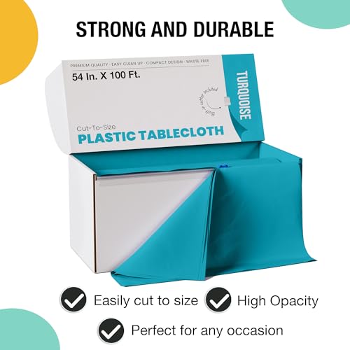 Image of Exquisite Party Solids 54 Inch X 100 Feet Turquoise Plastic Table Cover Roll in A Cut - to - Size Box with Convenient Slide Cutter. Cuts Up to 12 Rectangle 8 Feet Plastic Disposable Tablecloths