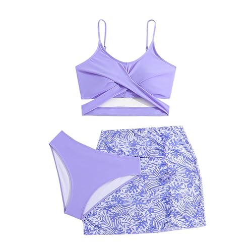 3 Piece Bathing Suits for Girls Cute Quick 𝐃ry Solid Color 𝐂riss C𝐫oss Bikini & Cover Up Floral Skirt Swimsuit