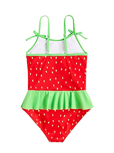 WDIRARA Girl's Strawberry Print Ruffle Hem Swimwear Shoulder Onepiece Swimsuit2