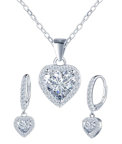 INFINIONLY Collar y pendientes de aro para mujer con forma de corazón de diamante y pendientes de aro de 1 quilate de plata 925, conjuntos de joyas con colgante en forma de corazón y pendientes