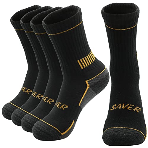 SAVER Men's Hiking & Trekking Cotton Crew Socks with Dri-Tech Moisture Control - Blisster Resistance Cousion - 4 Pairs