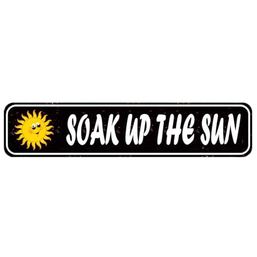 Sunny Pool Rules Sign - 16x4 Inch Metal 'Soak Up The Sun' Sign, Playful Poolside Decor for Backyard and Patio