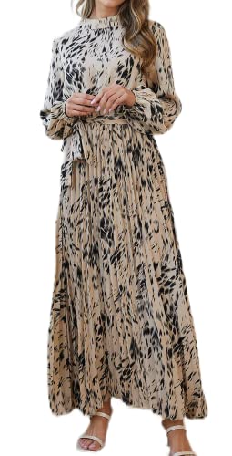 R.Vivimos Fall Dresses for Women Long Sleeve Pleated Casual Mock Neck Elegant Print Maxi Dress with Belt (Large, Khaki)