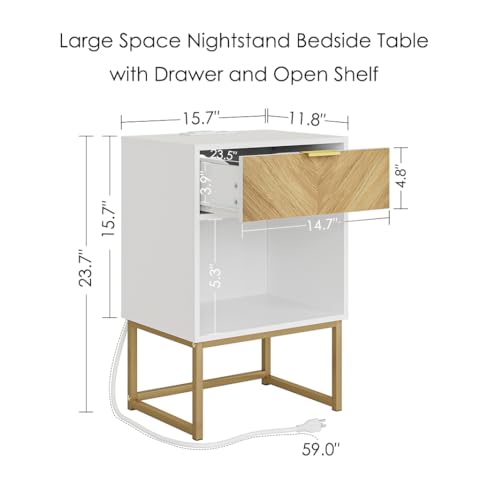 Image of Masupu Nightstand with Charging Station,Modern Night Stand Boho Farmhouse Wood Bedside Table with Storage Drawer Side End Table for Bedroom,Living Room,Office,White with Outlet