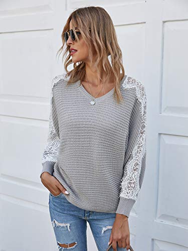 Floerns Women's Lace Panel Batwing Sleeve Knit Pullover Sweater Grey L #TOP3