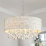 AGV LIGHTING Capiz Shell Chandeliers, Modern K9 Crystal Ceiling Light Fixture, 4 x E12 Sockets, D17 x H6, Clear Crystal & Capiz Shell Lampshade Pendant Chandelier Lighting for Dining Room