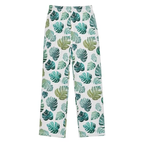 Pajama Pants Lounge Sleep PJ Bottoms Sleepwear Elastic Waist Drawstring S Monstera White
