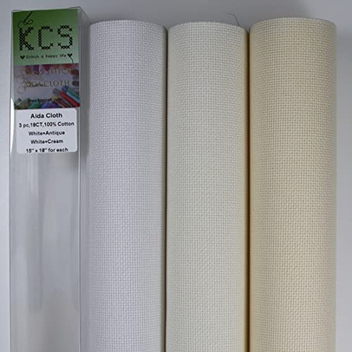 Image of KCS 3 pc of 15 inch x 18 inch Counted Cross Stitch Cotton Aida Cloth Needlework Fabric,18CT,White+Antique White+Cream
