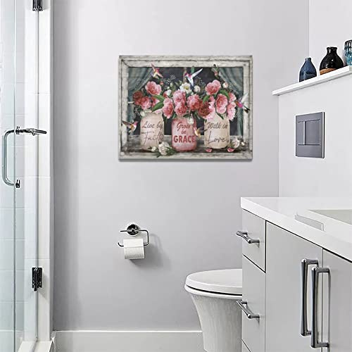 Farmhouse Canvas Wall Art Rusitc Pink Rose Wall Decor Flower Mason Jar Hummingbird Pictures Painting Prints Framed Decor Country Home Artwork For Bedroom Bathroom Living Living Room 12"X16" #TOP1