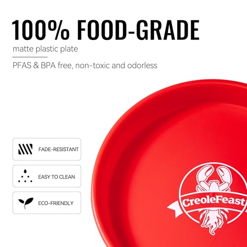 Creole Feast PP1006 15 Inch Round Crawfish Trays, 6-Pack Reusable Plastic Serving Platters for Cajun Seafood Boils, Crab, Shrimp, Lobster, BBQ, Picnics, Outdoor & Seafood Parties, Red