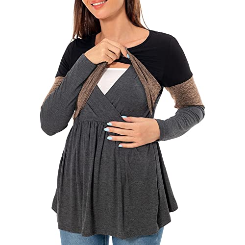 TDEOK Blusa de maternidad para mujer con manga larga, estampado a rayas, camiseta de lactancia, blusa para lactancia materna, Marrón-3, S