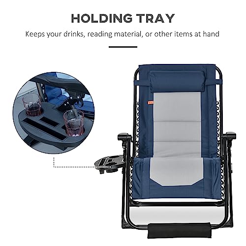 Outsunny Foldable Outdoor Lounge Chair With Footrest, Oversized Padded Zero Gravity Lounge Chair With Headrest, Side Tray, Cup Holders, Armrests For Camping, Lawn, Garden, Blue #TOP4
