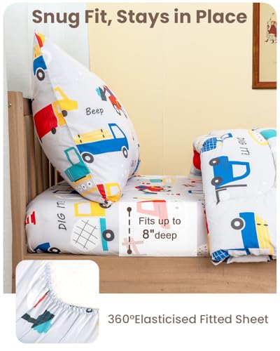 Image of TinyPalsa 4-Piece Toddler Bedding Set, Toddler Bed Comforter Set for Boys | Includes Comforter, Fitted Sheet, Flat Sheet & Pillowcase, Grey Construction