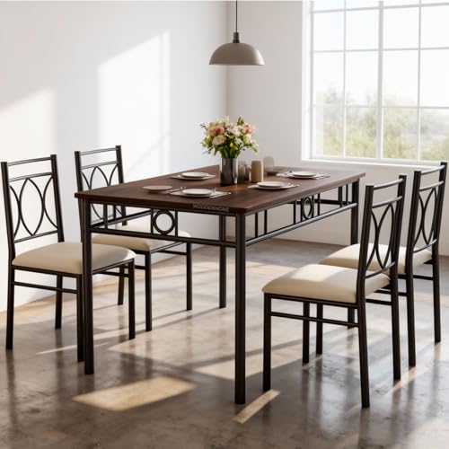 4 Seater Dining Table Set with Cushioned Chairs Wooden Top Metal Frame Compact Dining Furniture for Home Kitchen Apartment Space Saving Dining Set for...