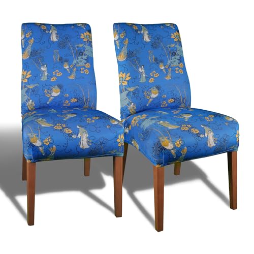 Balios Decor Dining Chair Covers Chinoiserie Flower Bird Print, Protective Stretch Slipcovers for Parsons Chair Living Room, Set of 2