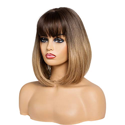 Aokiya Short Blonde Bob Wig with Bangs Ombre Brown Wigs for Women Straight Synthetic Cosplay Wigs (14 Inch)