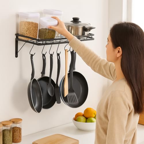 Image of Wall Mounted Dish Rack Organizer for Kitchen - Iron Dish Drying Rack with 10 S-Shape Hooks, Space-Saving Black Dish Drainer, 16 x 8 x 4 Inches