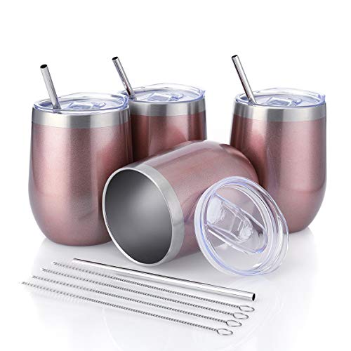 Flash Deals - 80% OFF 6 Pack Stainless Steel Stemless Insulated Wine Glass Tumbler Cup Gift Set 12Oz Family Double Wall Durable Coffee Mug with Lids,Straws, and Brushes (Rose Set)