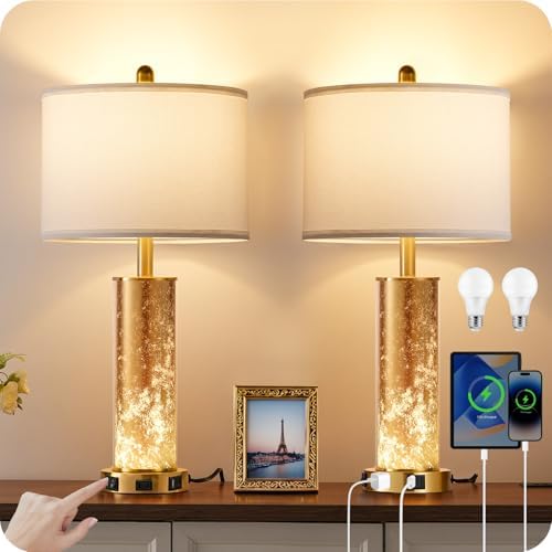 25.6" Gold Table Lamps Set of 2, Tall Bedside Lamps with Nightlig...