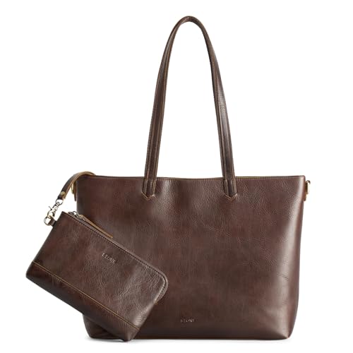 S-ZONE Women Leather Tote Crossbody Bag Large Work Shoulder Handbag Purse with Laptop Sleeve and Wrist Wallet 2Pcs Set