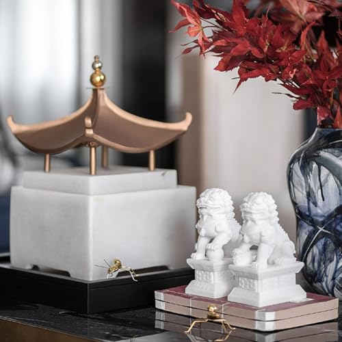 Estatuas Fu Dogs pequeñas de mármol jade blanco miniatura 2