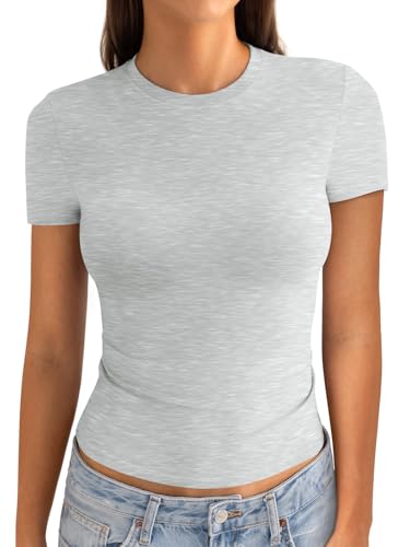 EasyGala Womens Cotton Crew Neck Short Sleeve Shirts Summer Top Fashion Y2k Crop Tops Round Neck Basic Slim Fit Going Out Tee Stretchy Trendy Tight Fitted Tops Light Heather Grey M