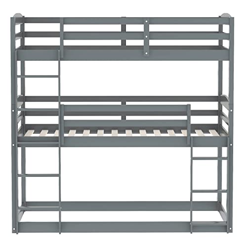 Lostcat Twin Over Twin Over Twin Triple Bunk Bed,Solid Pine Wood Bedframe With Built-In Ladder & Safety Guardrails,Can Be Divided Into 3 Separate Bed For Kids Teens Adults,No Box Spring Needed,Gray #TOP5