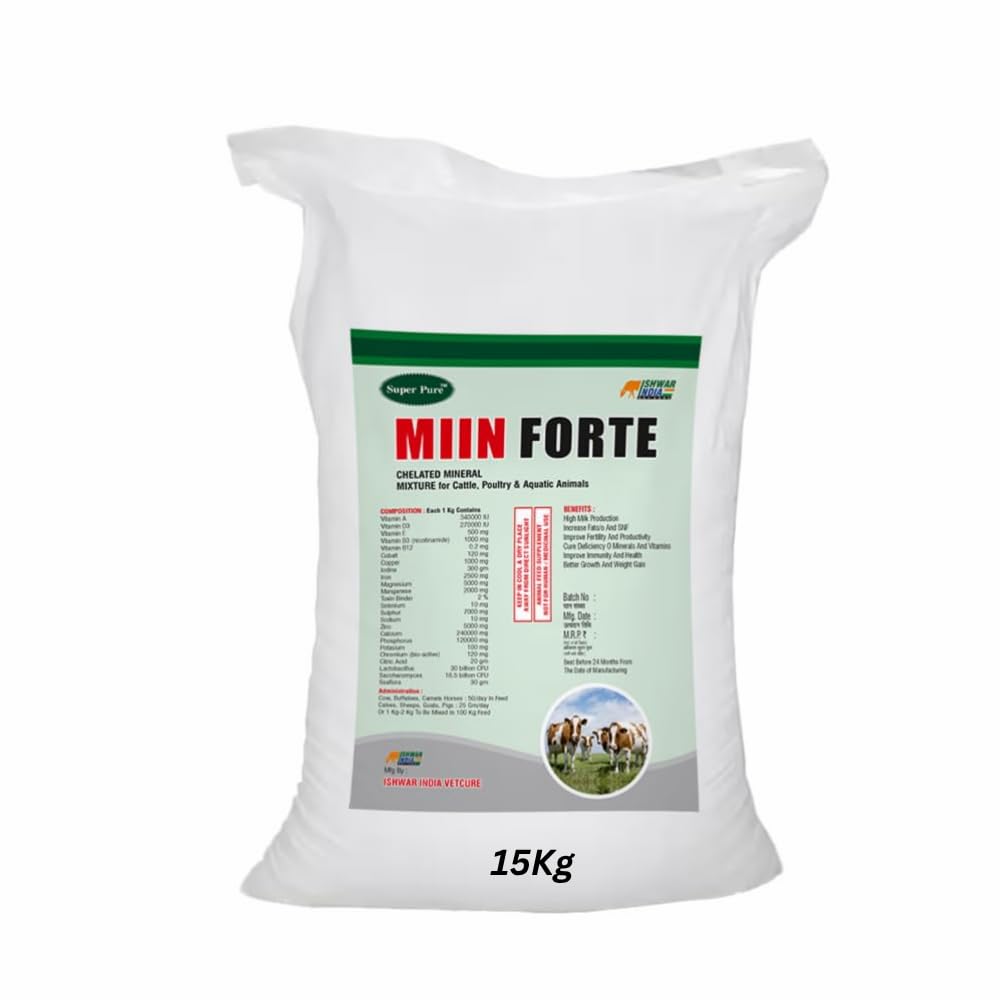 Super Pure MIIN Forte 15Kg Pouch Pack | Mineral Mixture Powder for Cows, Buffaloes, Goats & Sheep | Complete Livestock Feed Supplement for Growth, Higher Milk Yield, Strong Bones & Immunity Support