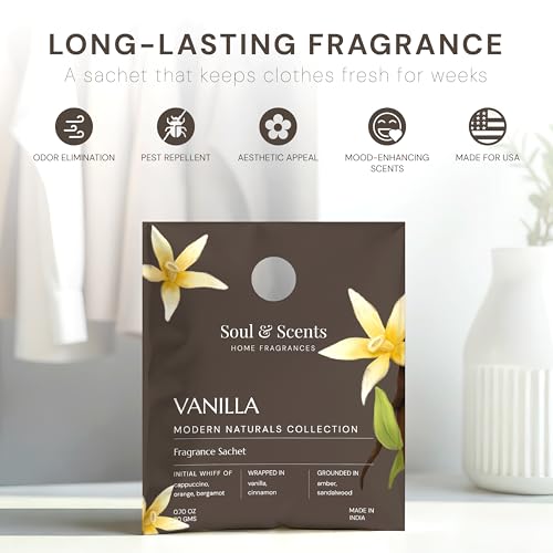 Image of Soul & Scents Vanilla Fragrance Sachet | A Blend of Cappuccino & Warm Vanilla | Long-Lasting Air Freshener for Car, Wardrobe, Kitchen, and Travel Bag | Pack of 3-20gm Each