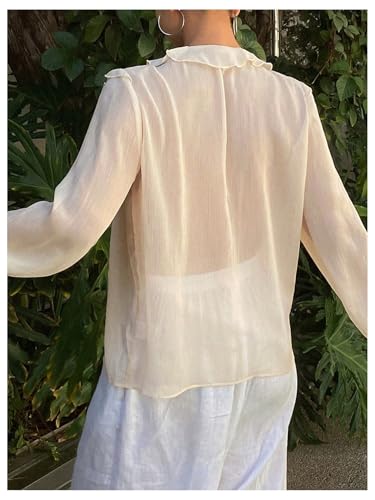 GORGLITTER Women's Chiffon Blouses Dressy Peasant Tops Boho Sheer Ruffle Bishop Long Sleeve Button Down Shirt2