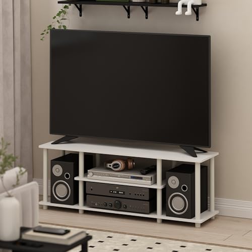 Image of Furinno Turn-N-Tube 3-Tier Toolless Assembly TV Stand, White | for TV up to 50 Inch, Open Frame Rectangular Entertainment Center with Storage Shelf, TV Console, for Living Room, Bedroom