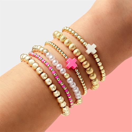COLORFUL BLING Stackable Cross Bracelets Set for Women Imetation Pearl Resin Beaded Stretch Bracelet Stack Jewelry Birthday Christmas Prom Gifts3