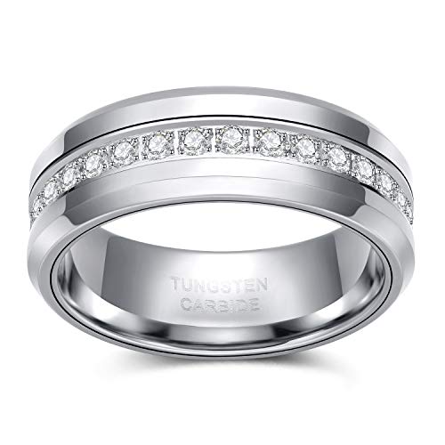 TRUMIUM 6mm 8mm Mens Tungsten Wedding Bands with Cubic Zirconia Eternity Ring CZ Inlaid Black Silver Tungsten Carbied Rings High Polish Size 7-132