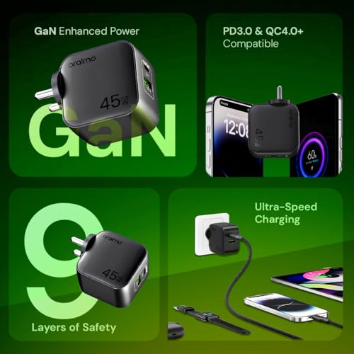 Image of Oraimo 45W GaN Fast Charger with Type-C Cable 60W, Dual Port USB-C + USB-A Wall Charger Adapter, PD 3.0 & QC Fast Charging for Smartphones, Tablets and Laptops