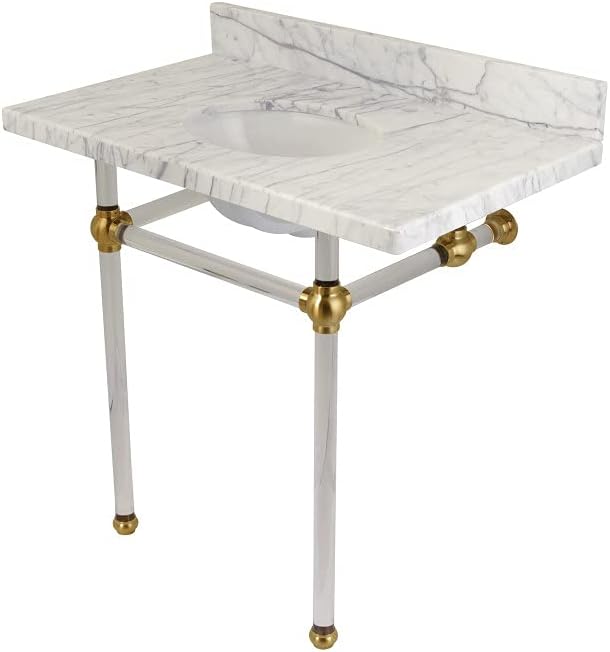 Kingston Brass Fauceture KVPB36MA7 Templeton Carrara Marble Bathroom Console Vanity with Acrylic Pedestal, Carrara Marble/Brushed Brass