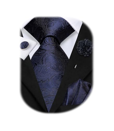 Image of Hi-Tie Mens Paisley Floral Striped Ties Set Silk Necktie and Lapel Pin for Men Pocket Square Cufflinks Set Business Wedding