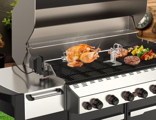 onlyfire Universal Drehspieß Set 73cm für Gasgrill, Edelstahl Rotisserie Grillspieß mit Motor 220-240V, 2X Fleischnadeln, Elektrischer Drehspieß mit 2 Grillmotor Halterung