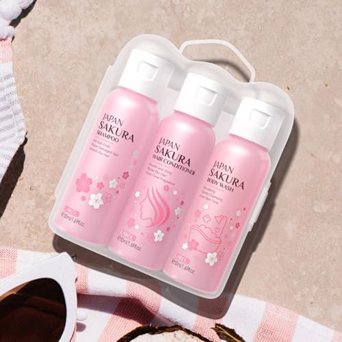LAIKOU Sakura Set de Viaje Mujer Aseo Personal, 3 Piezas Set Cuidado Capilar Mujer, Champú + Acondicionador + Gel de Ducha, para Vacaciones, Gimnasio y Viajes