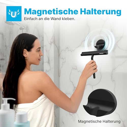 Minismus Duschabzieher für Dusche, Badezimmer, Fliesen, Spiegel, Fenster, bohrfreier Magnethalter, Aufkleber, Elegantes modernes Design (Schwarz, 28 cm)