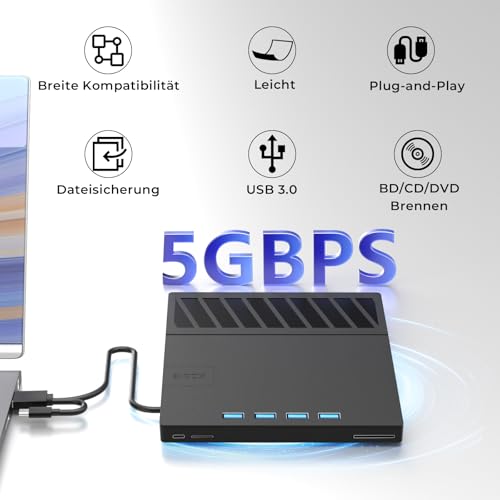 Externes Blu-ray Laufwerk, DVD/BD Player Lesen/Schreiben, Blu-ray Laufwerk, Externes USB Laufwerk mit 4 USB Ports und 1 SD/TF Slot USB 3.0 Type-C Blu-ray Laufwerk Drive für Laptop PC Windows Mac OS
