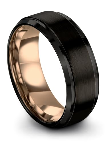 Tungsten Wedding Band Ring 6mm 8mm for Men Women 18k Rose Yellow Gold Plated Step Bevel Edge Black Grey Brushed Polished