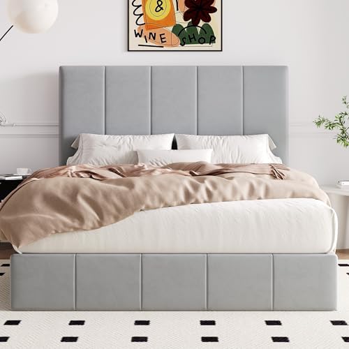 Image of Allewie Full Size Velvet Lift Up Hydrualic Storage Bed Frame, Grey