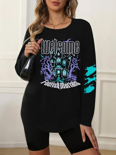 Beware of Hitch Hiking Ghosts Shirt Women Vintage Halloween Long Sleeve T-Shirt Funny Haunted Graphic Tees Top3