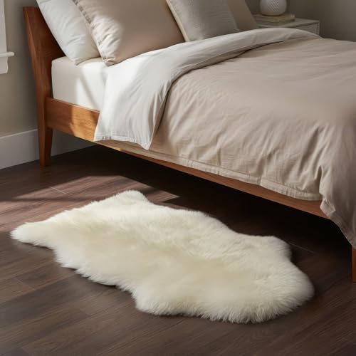 Premium Genuine Fur Sheepskin Rug - Real N.Z. 100% Sheepskin Natural Luxury Fluffy Lambskin Fur Area Rug - Seat Cover for Sofa Chair and Bedroom - 2' W x 3'L - Natural Creamy White Wool