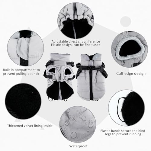 Hundemantel Winter mit Geschirr Einstellbar, ZoneYan Wasserdicht & Warm Hundemantel für Kleine Hunde, Reflektierende Winterjacke, Winddicht Weste für Hund (Grau, XS)